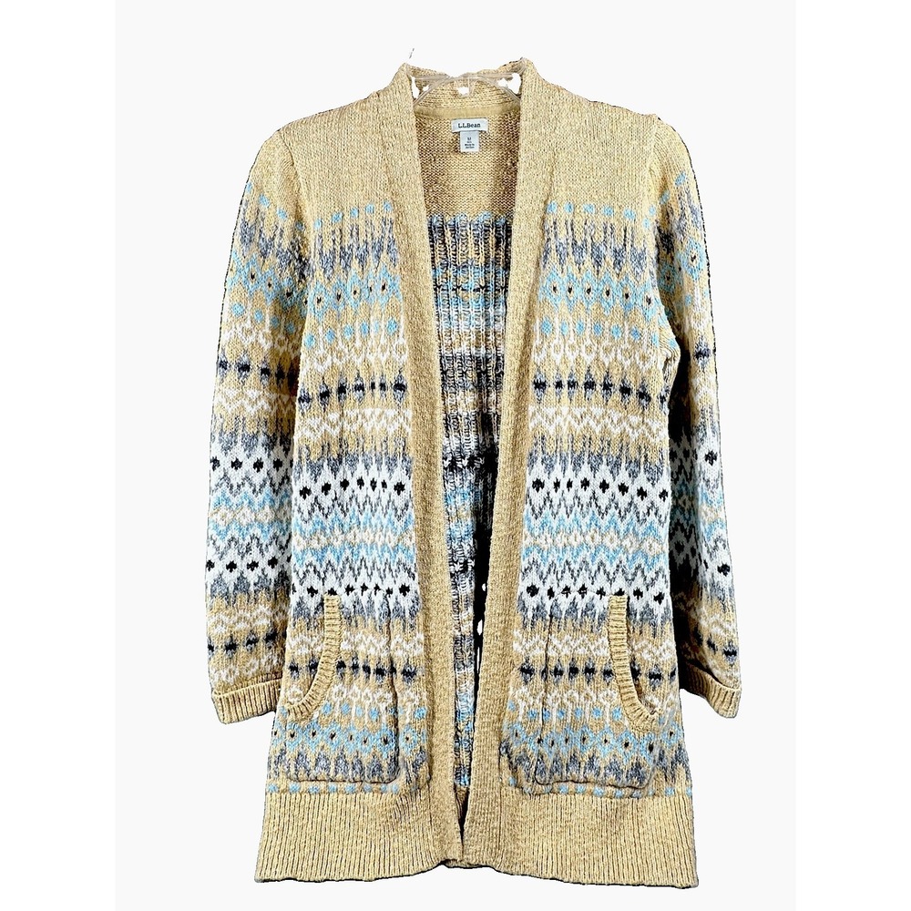 LL Bean Womens Fair Isle Cotton Ragg Open Cardigan Sweater Womens M Boho Aztec